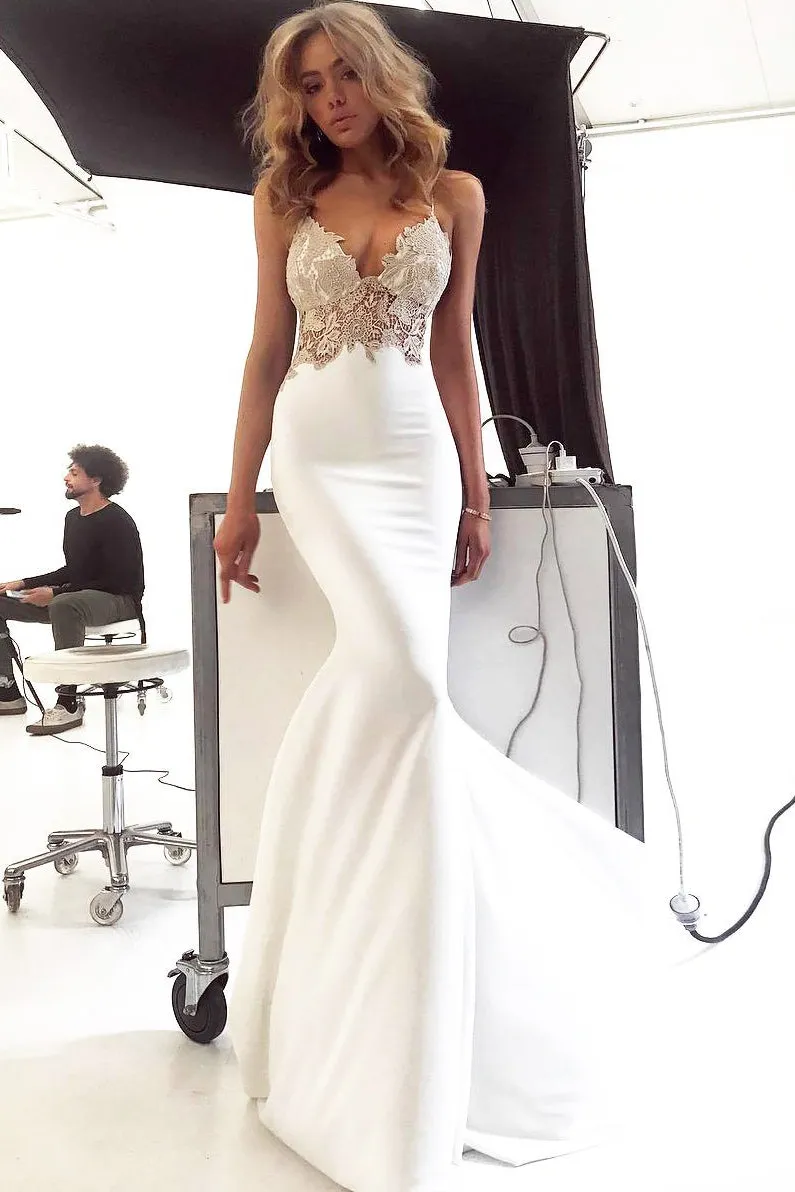 Mermaid Spaghetti Straps White Long Prom Dress with Appliques