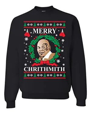 Merry Chrithmith Mike Tyson Ugly Christmas Sweater Unisex Crewneck Graphic Sweatshirt, Black, X-Large