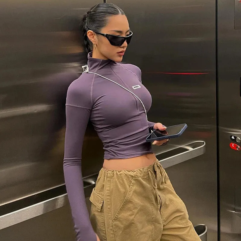 Mia - Stand Collar Zip Crop Top