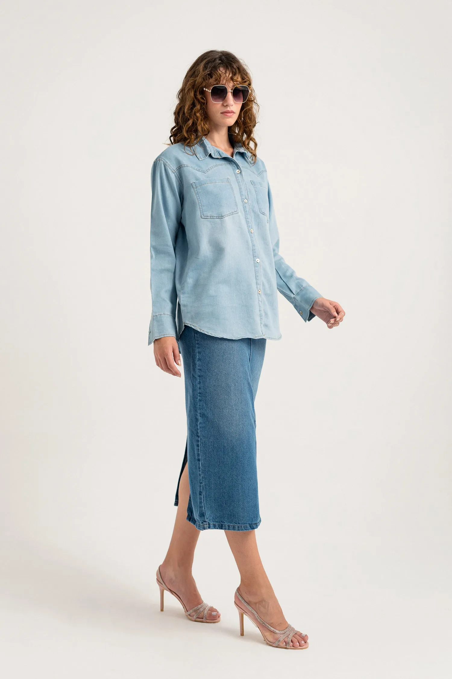 Mid Blue Pencil Denim Skirt