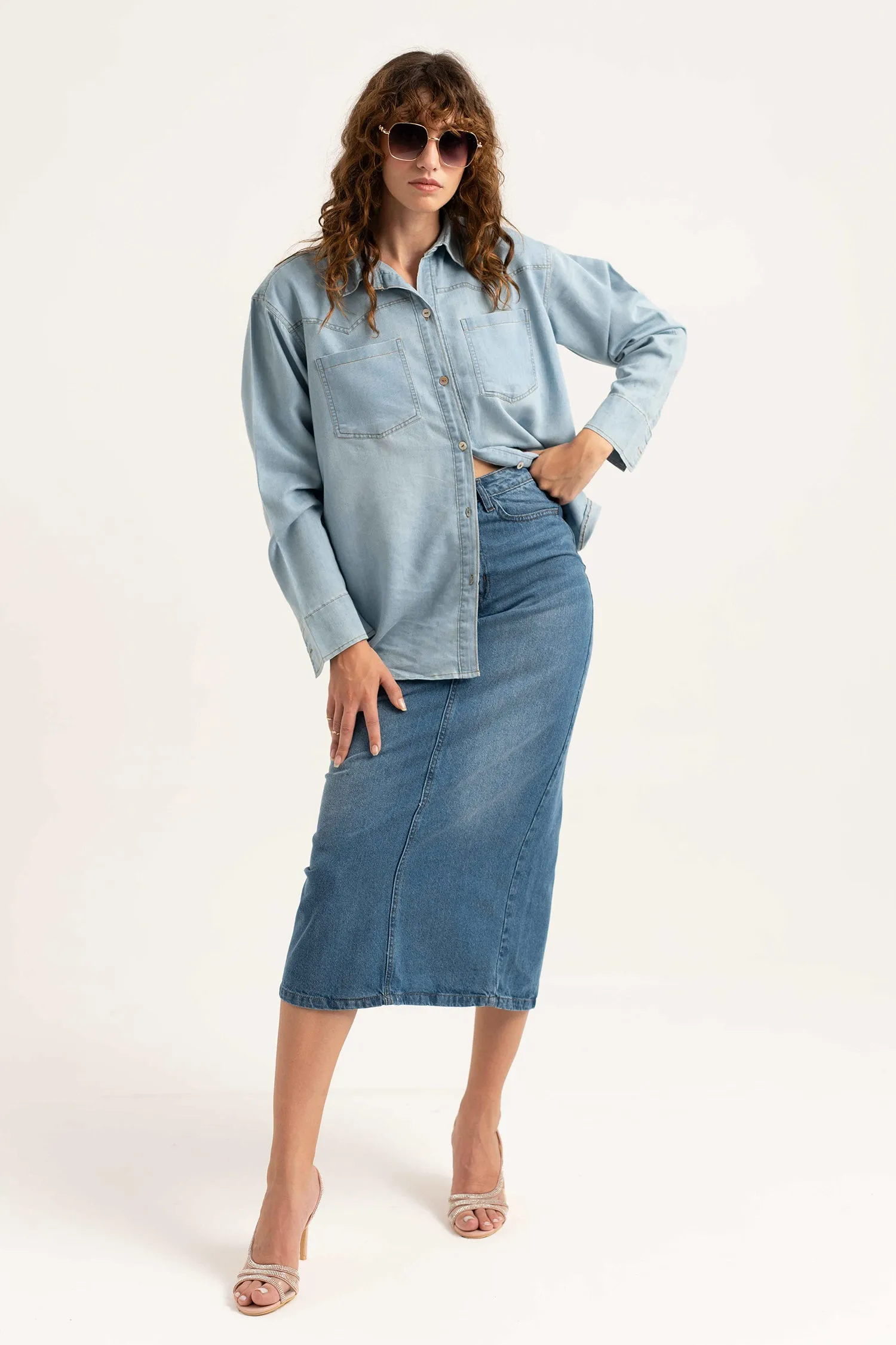 Mid Blue Pencil Denim Skirt