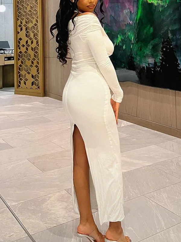Momnfancy White Ruched Slit Cross Chest Off Shoulder Spaghetti Straps Halter Neck Bodycon Chic Maternity Baby Shower Party Maxi Dress