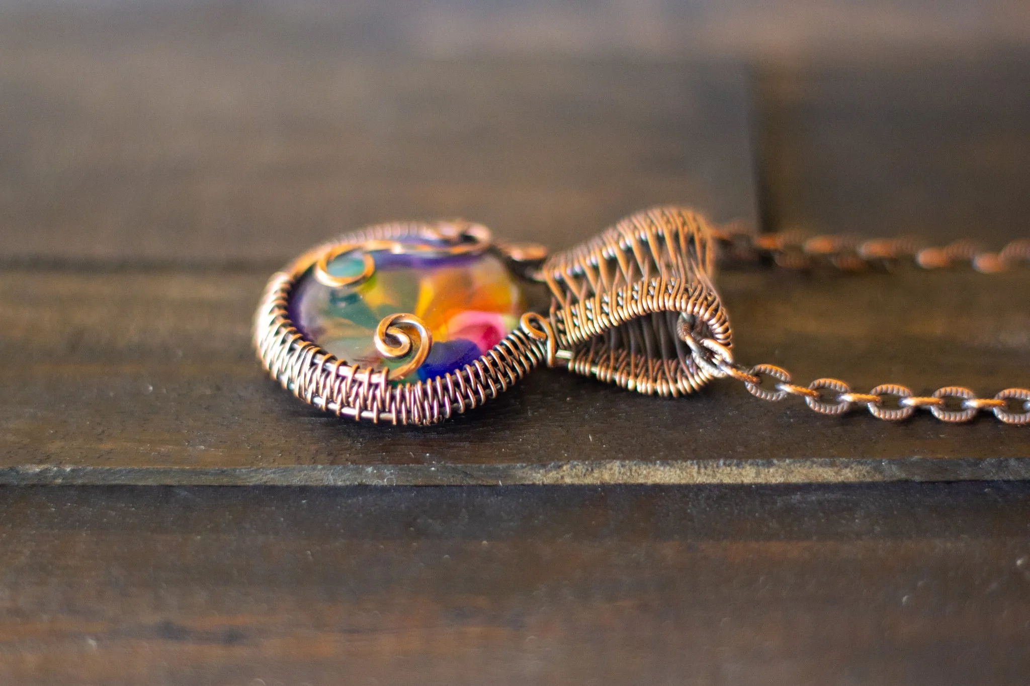 Multicolored Fused Glass and Copper Wire Pendant
