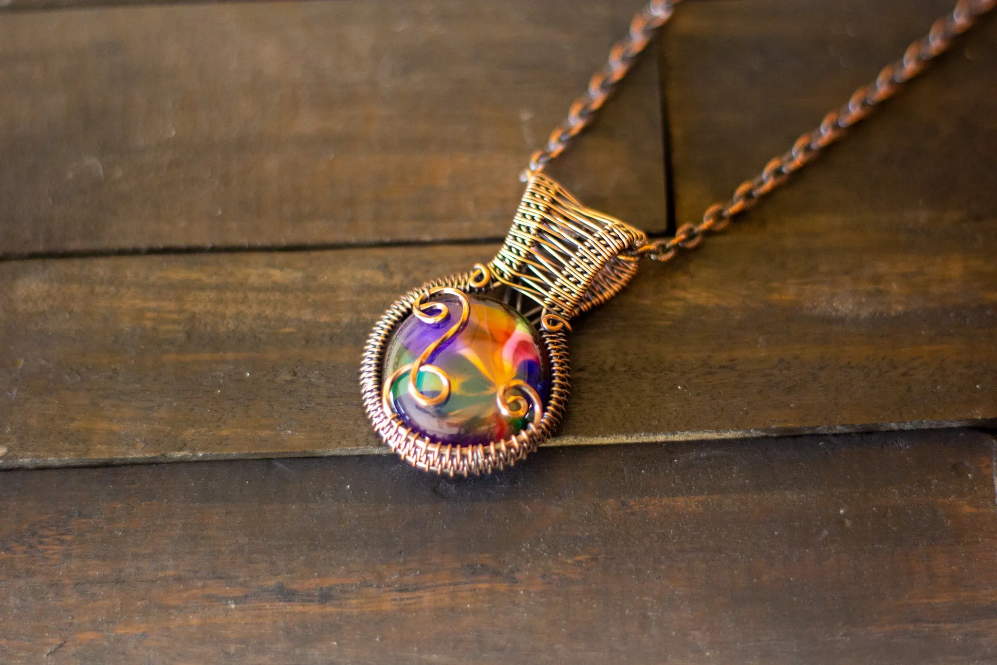 Multicolored Fused Glass and Copper Wire Pendant