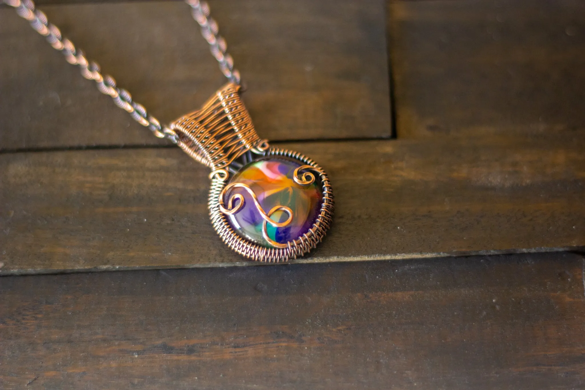 Multicolored Fused Glass and Copper Wire Pendant