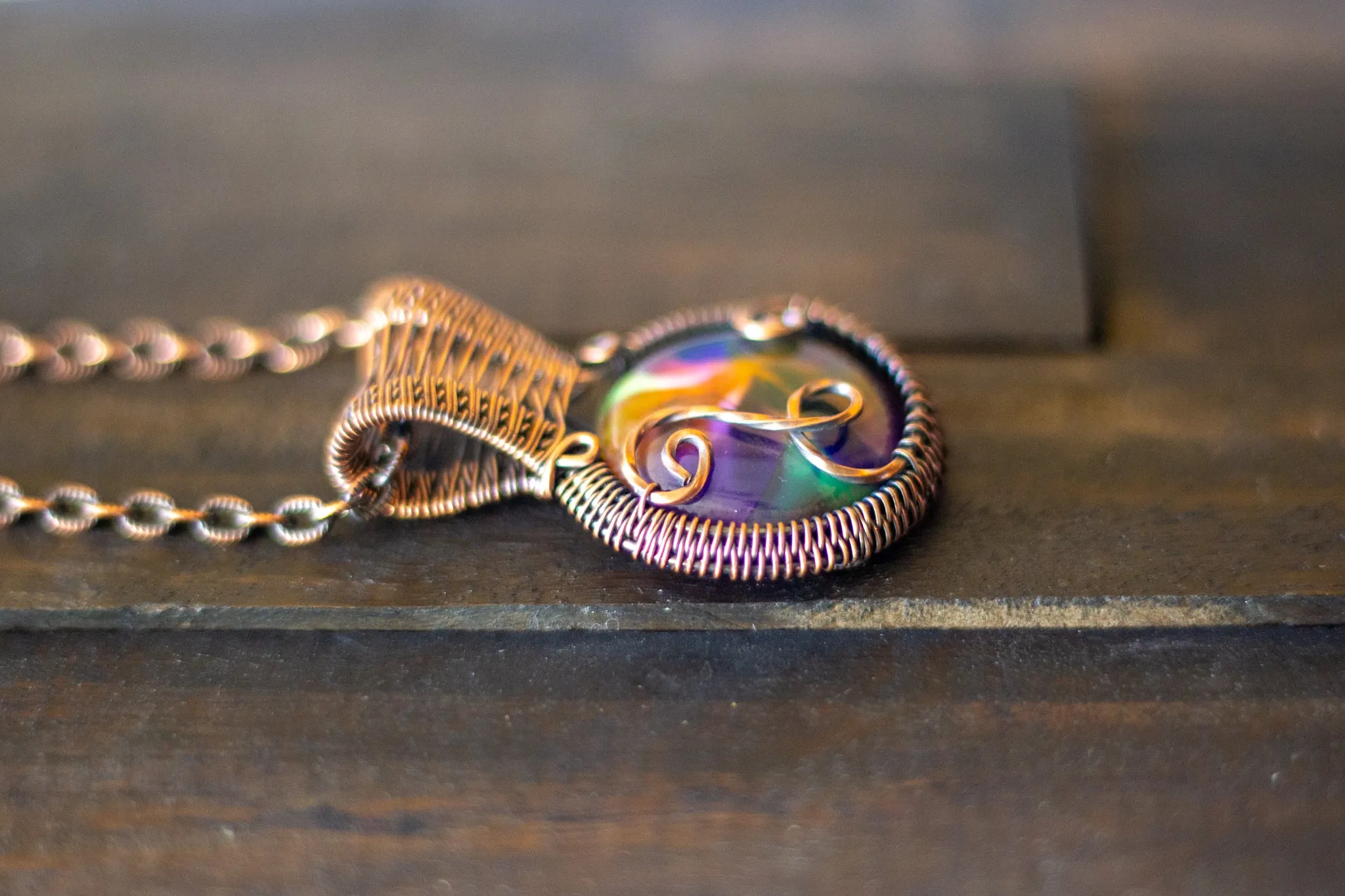 Multicolored Fused Glass and Copper Wire Pendant