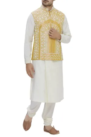Mustard Color Raw Silk Embroidered Nehru Jacket Bandhgala Waistcoat Bandi