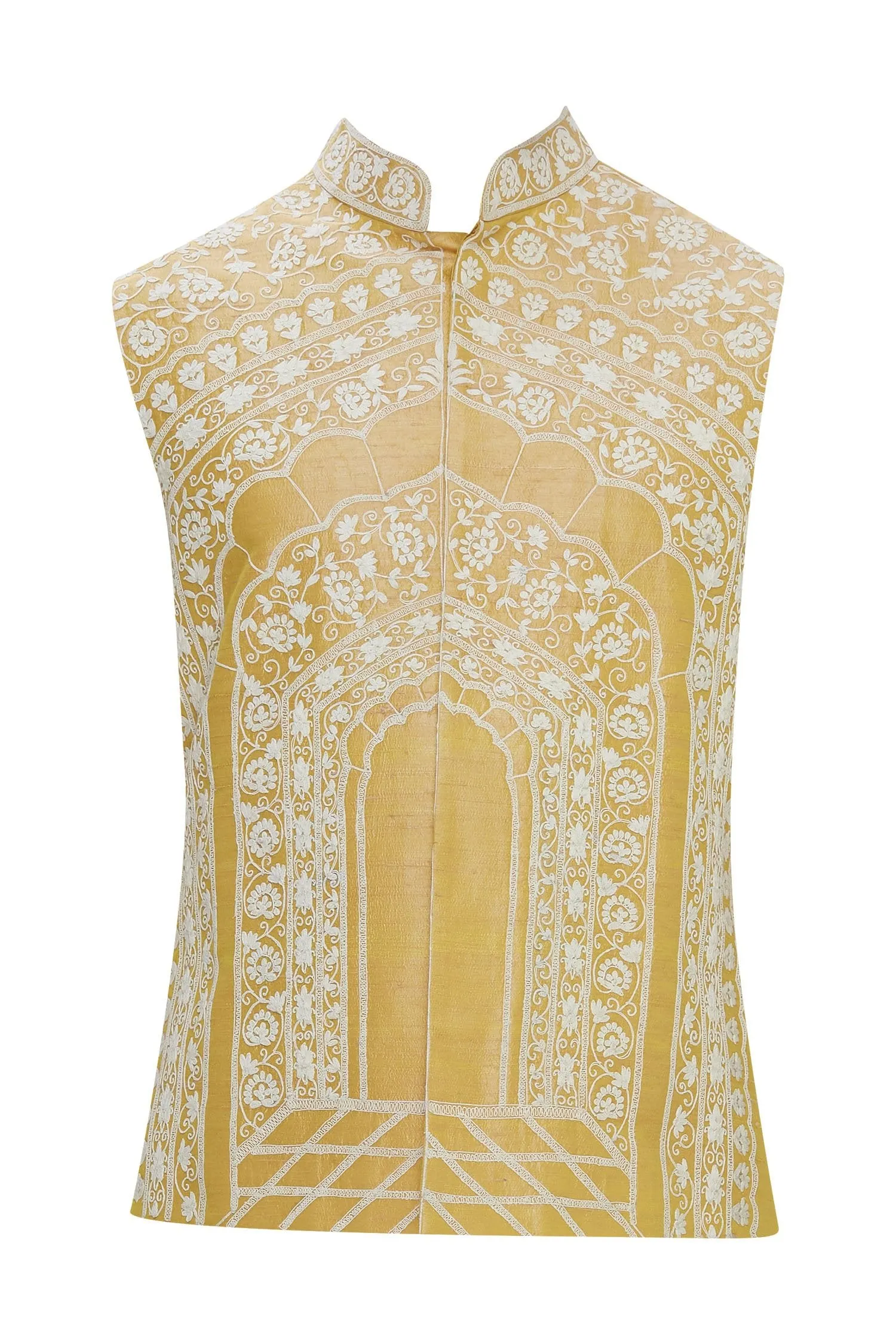 Mustard Color Raw Silk Embroidered Nehru Jacket Bandhgala Waistcoat Bandi