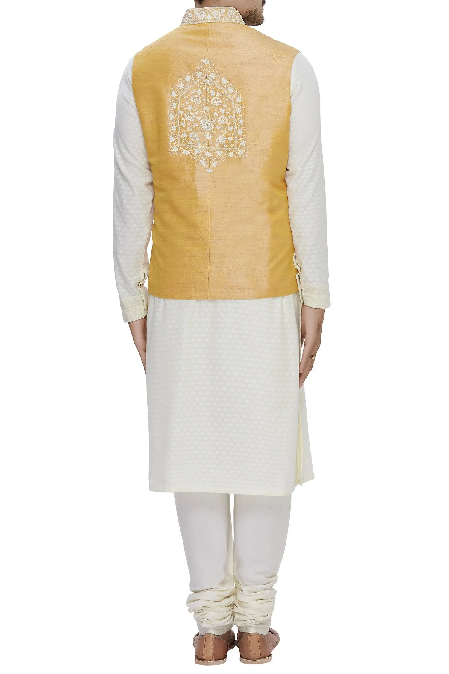 Mustard Color Raw Silk Embroidered Nehru Jacket Bandhgala Waistcoat Bandi