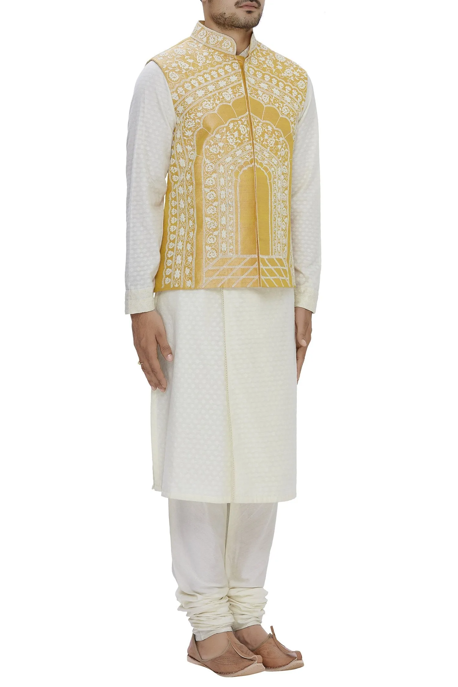 Mustard Color Raw Silk Embroidered Nehru Jacket Bandhgala Waistcoat Bandi