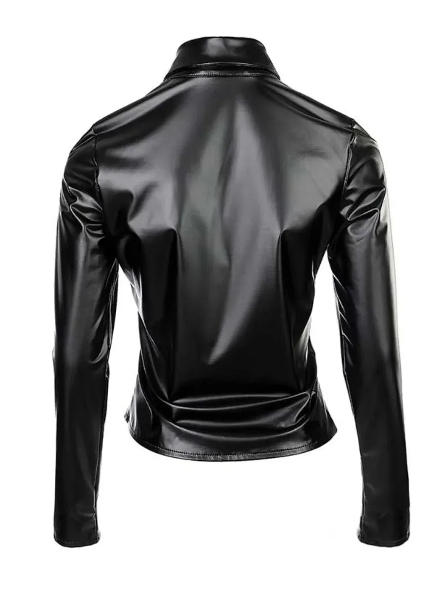 Ninimour Studded PU Leather Mock Neck Blouse – Long Sleeve Skinny Fit for Office Ladies