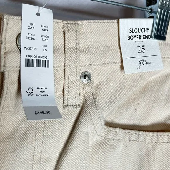 NWT J.Crew Cream Slouchy Boyfriend 100% Cotton Jeans Size 25