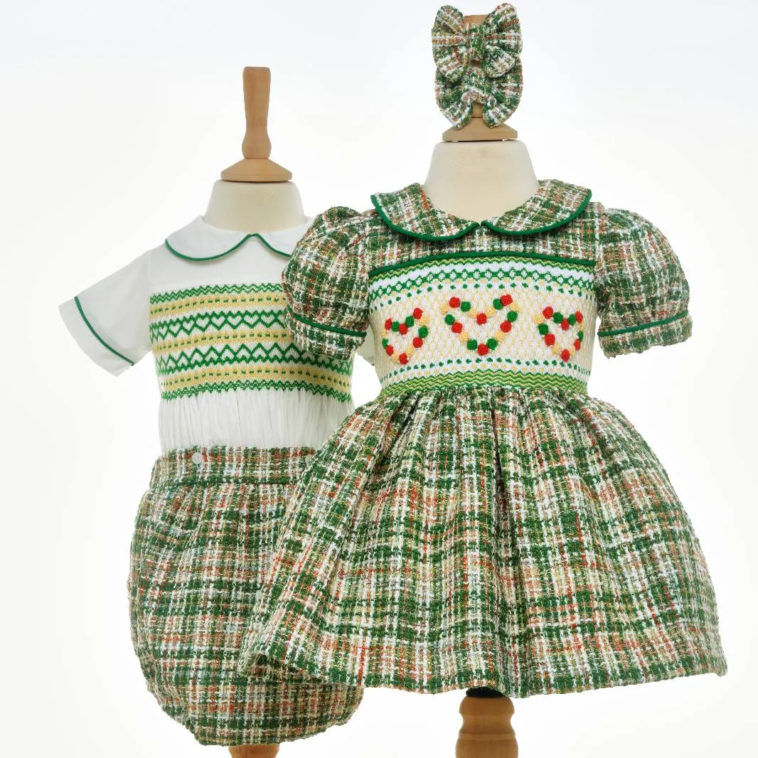 Ocean Baby Girls Smocked Green Tweed Heart Dress (NB-8Yrs)