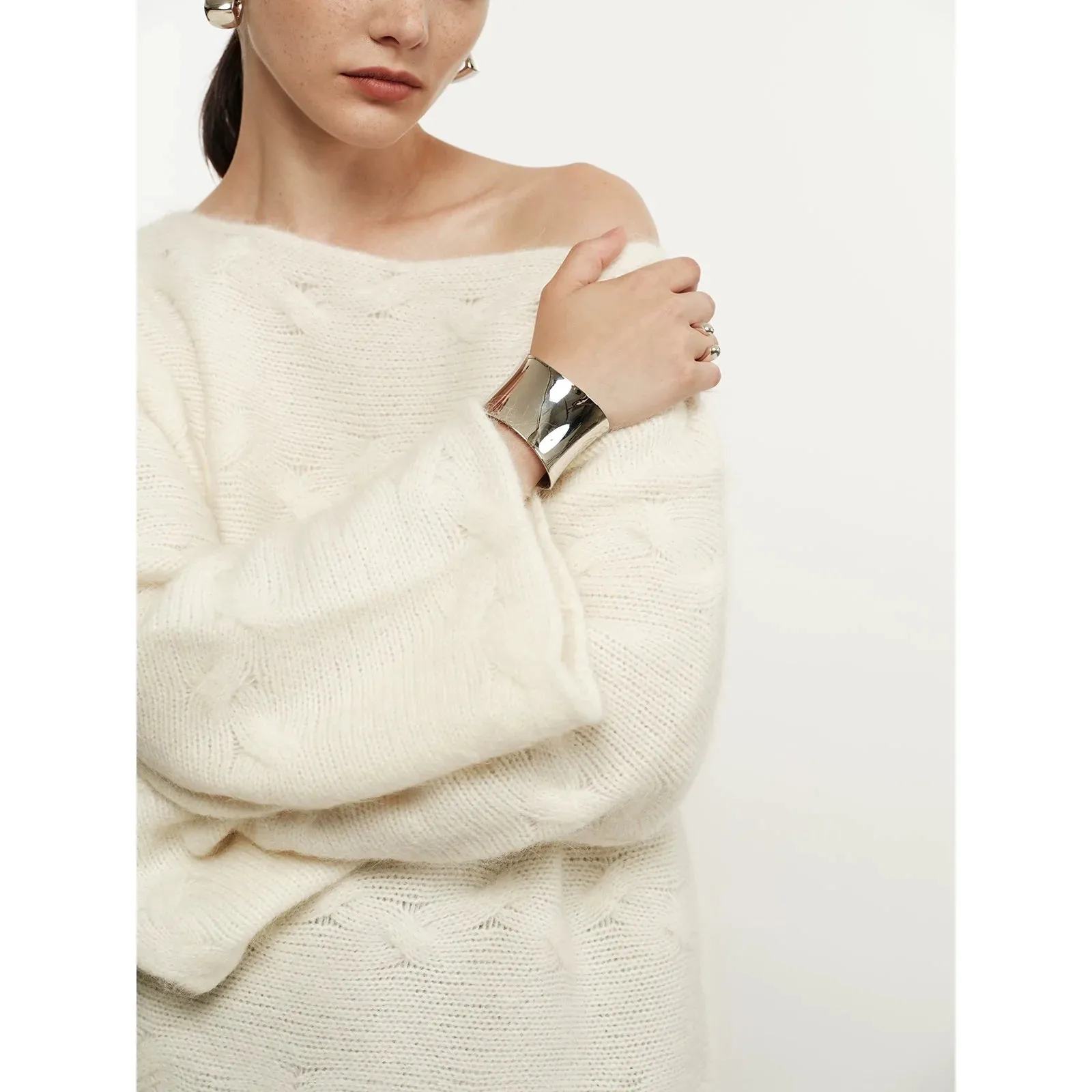 Off-Shoulder Embossed Knit Sweater