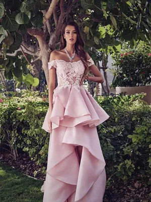 Off-The-Should Hi-lo Pink Lace Long Prom Dresses ,Cheap Prom Dresses,PDY0443