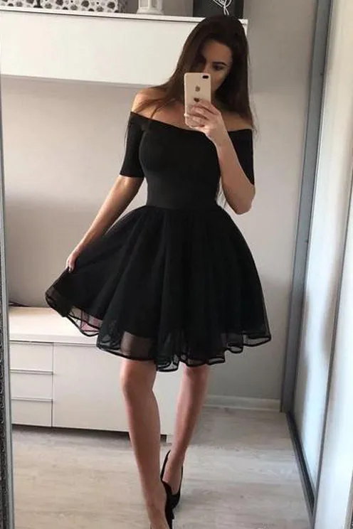 Off the Shoulder Black A-Line Homecoming Dresses Chic Little Black Dress,MH433