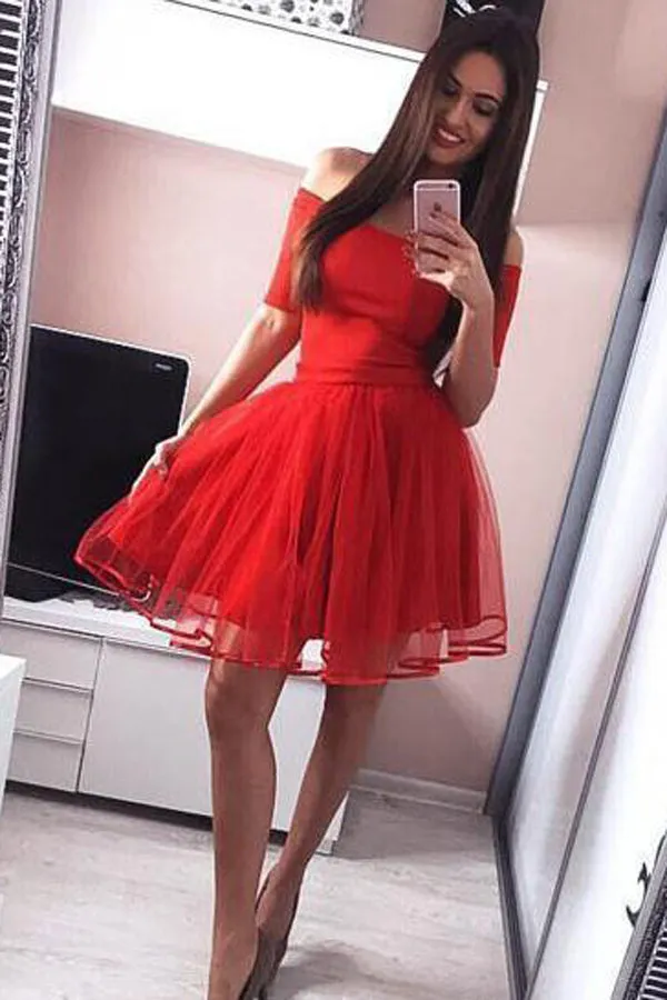 Off the Shoulder Black A-Line Homecoming Dresses Chic Little Black Dress,MH433