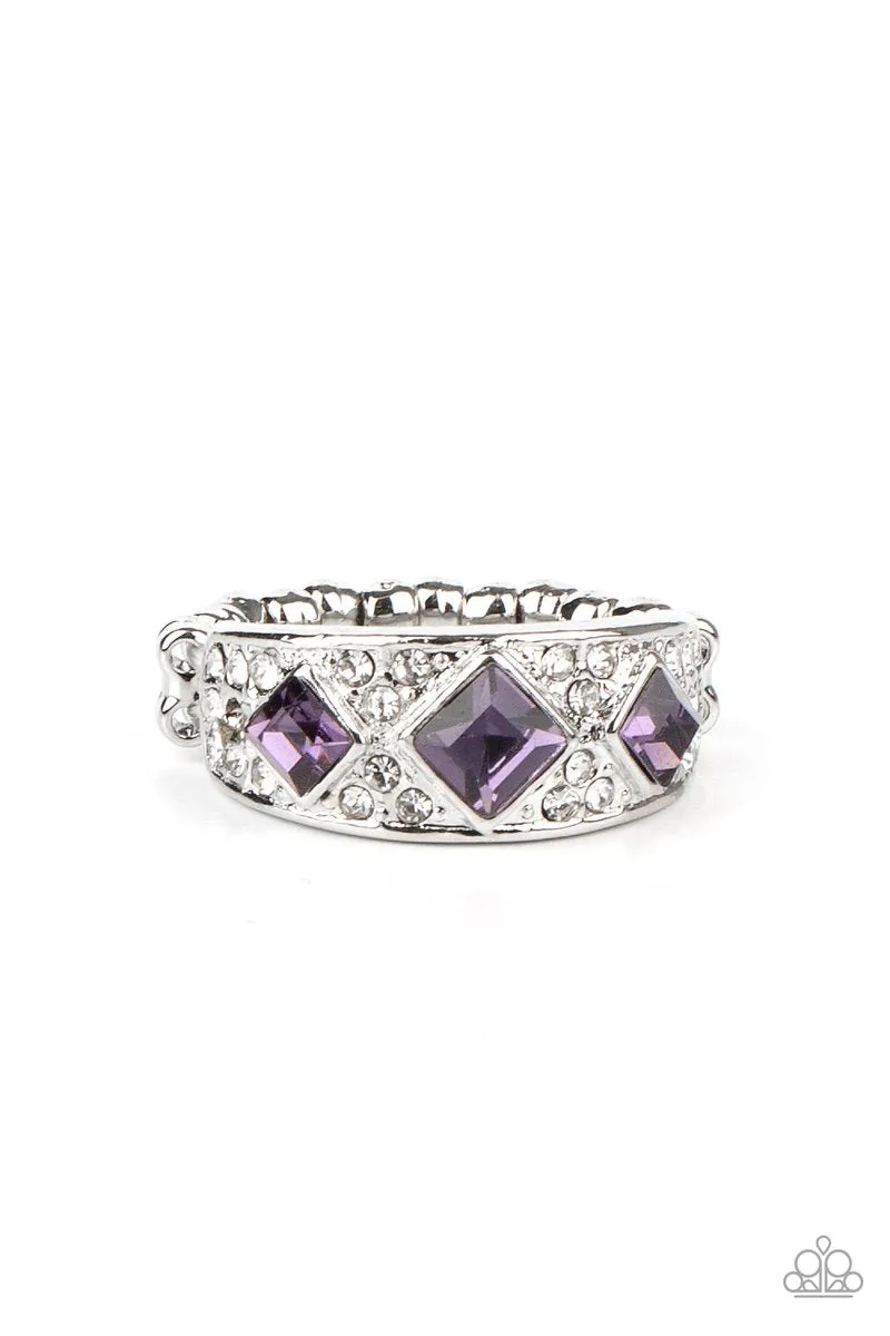 Paparazzi "New Age Nouveau" Silver Metal Purple & Clear Rhinestone Elastic Back Ring