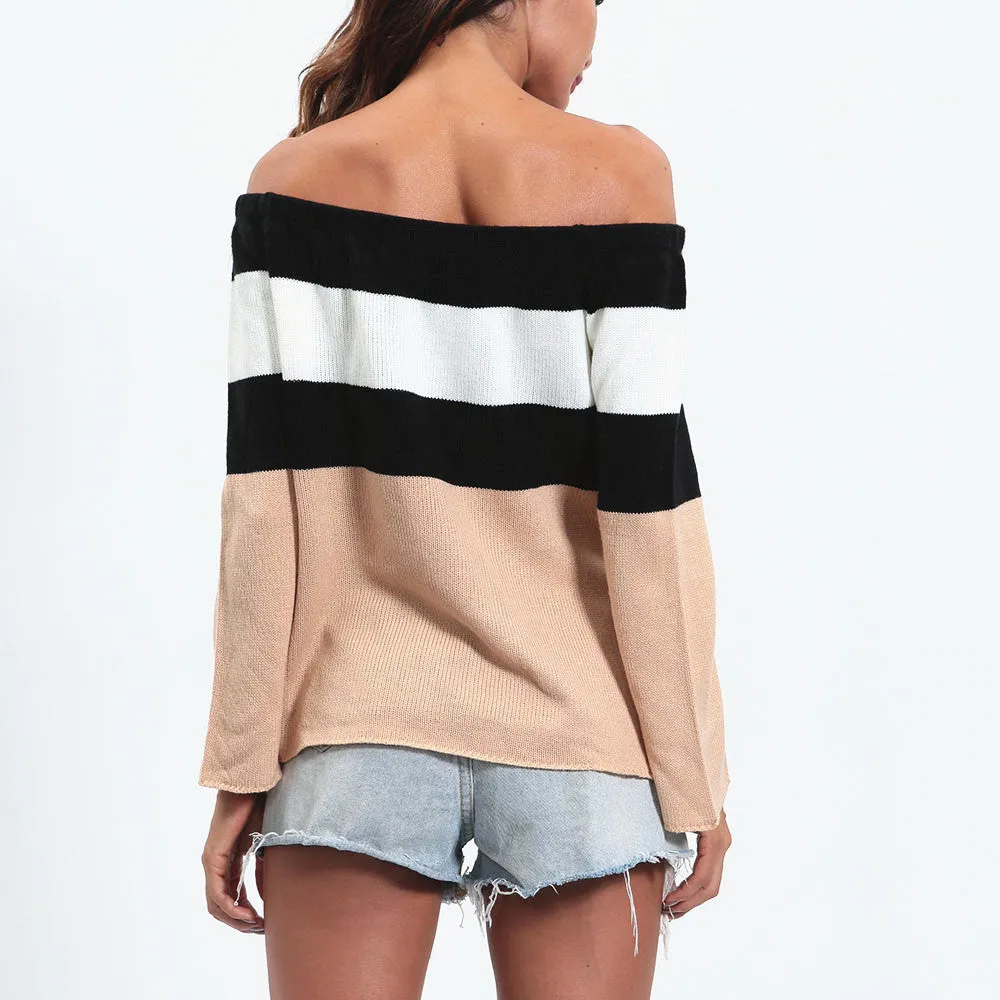 Patchwork Strip Off Shoulder Long Sleeve Winter Sweater