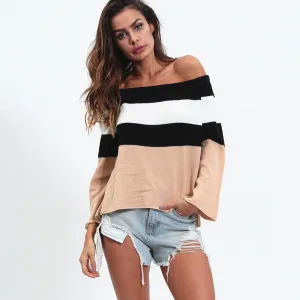 Patchwork Strip Off Shoulder Long Sleeve Winter Sweater
