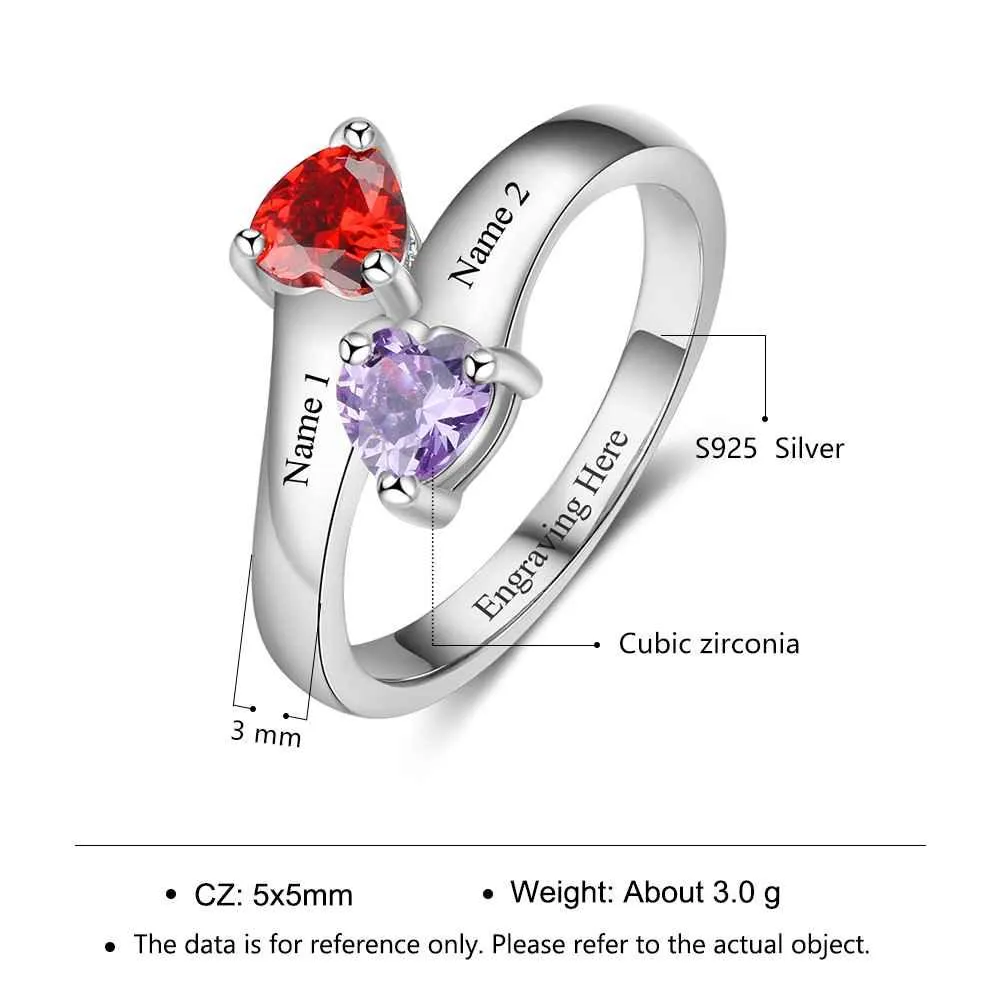 Personalized Silver Ring - Engrave One Phrase, Two Custom Names, Two Custom Heart Birthstones - Customized Gifts