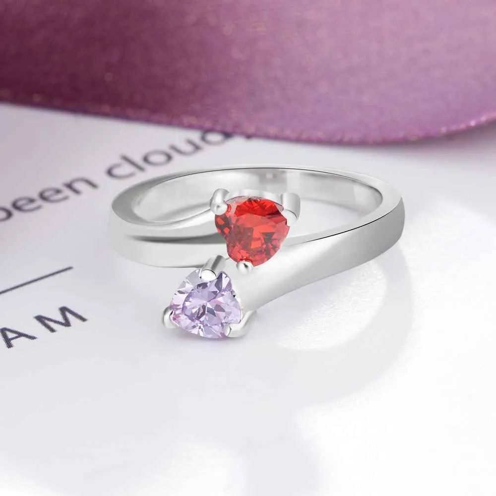 Personalized Silver Ring - Engrave One Phrase, Two Custom Names, Two Custom Heart Birthstones - Customized Gifts