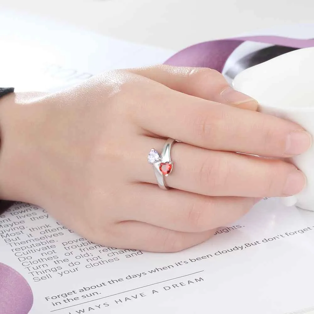 Personalized Silver Ring - Engrave One Phrase, Two Custom Names, Two Custom Heart Birthstones - Customized Gifts