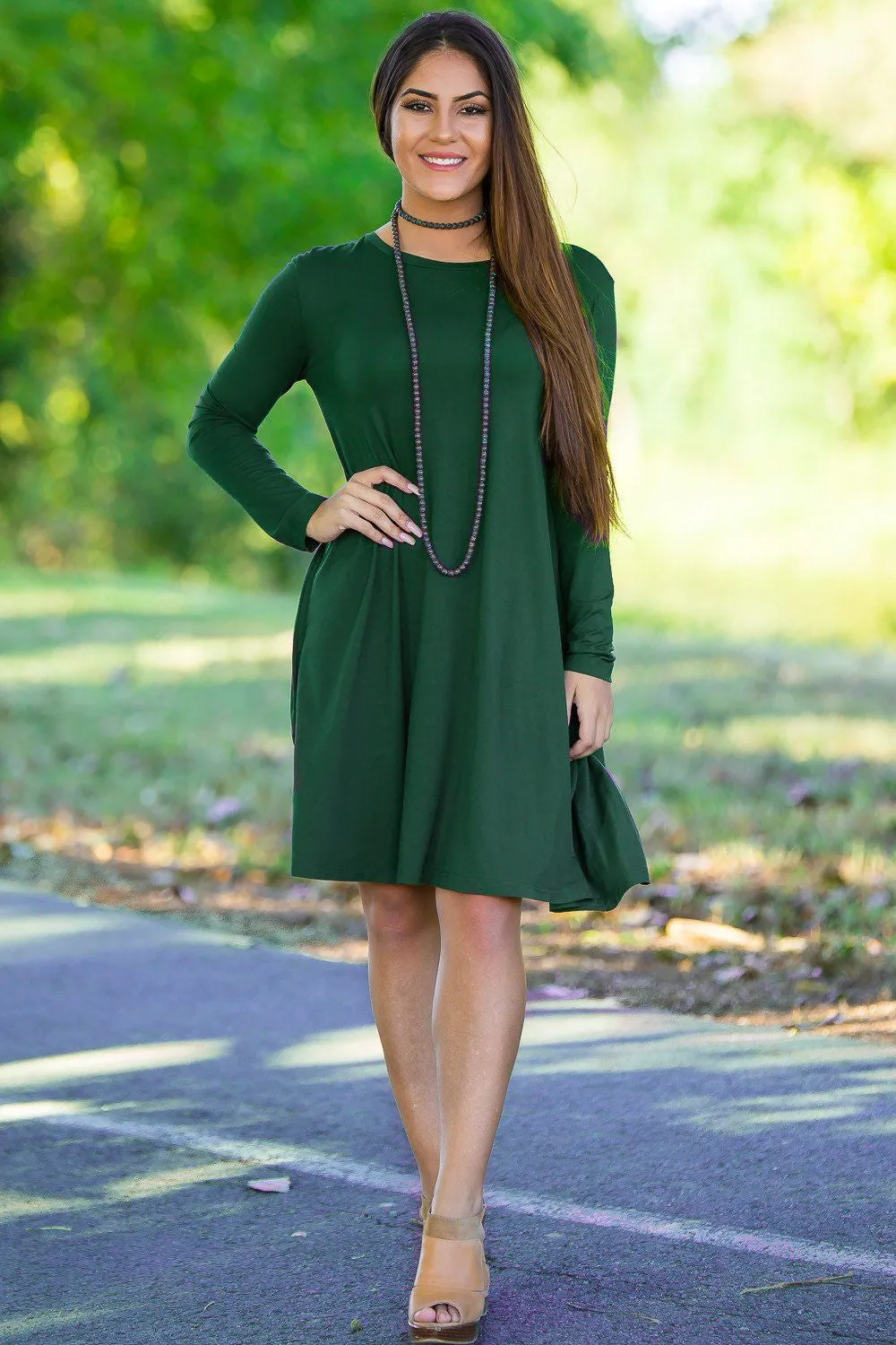 Piko 3/4 Sleeve Swing Dress - Forest Green