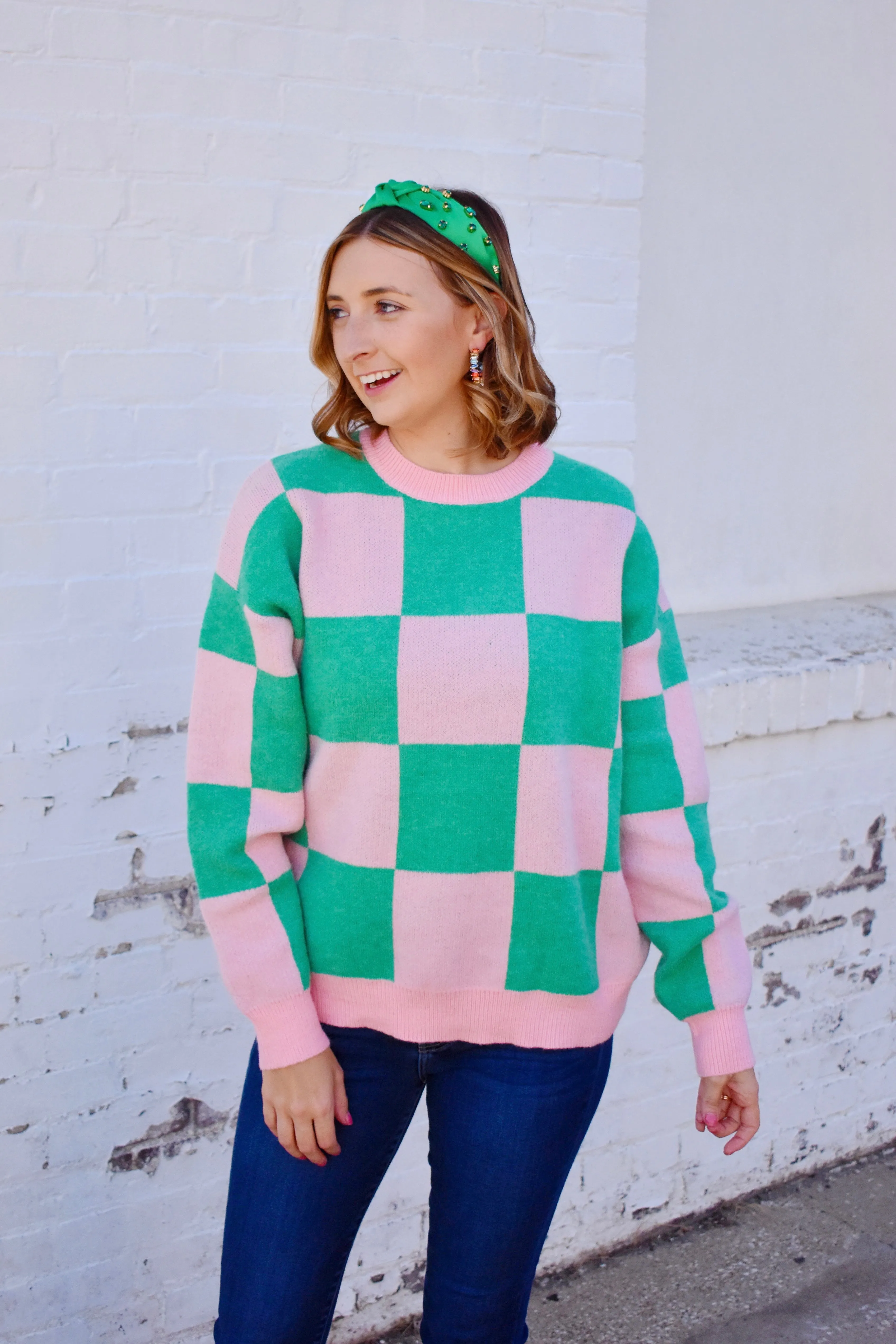 Pink & Green Checkered Sweater