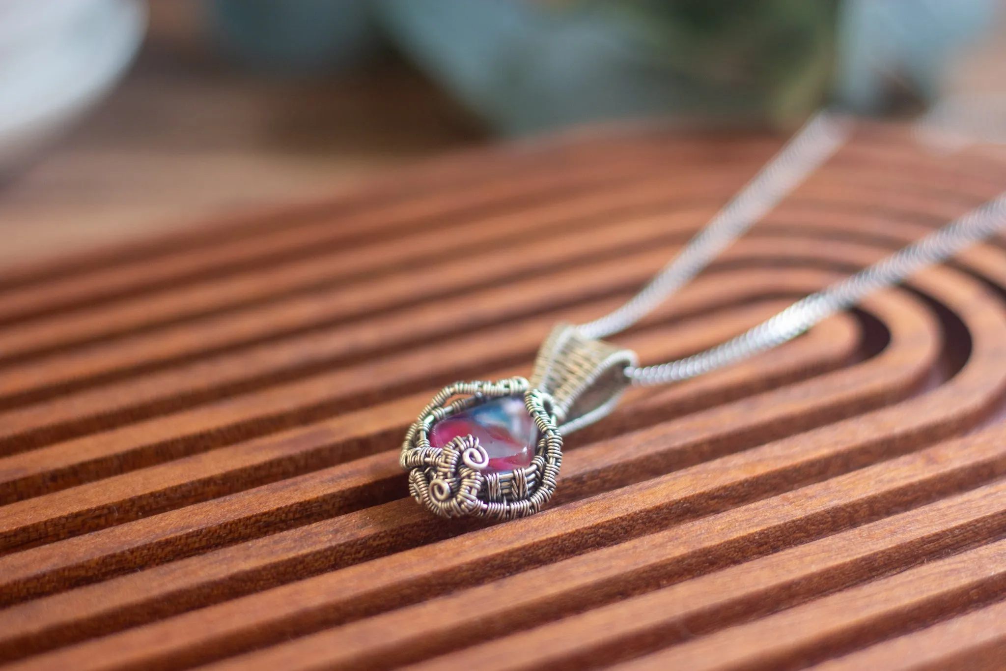 Pink and Blue Fused Glass Pendant with Sterling Silver Wire Wrapping