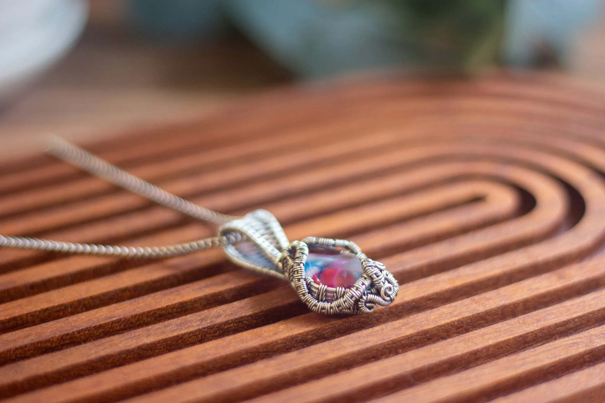 Pink and Blue Fused Glass Pendant with Sterling Silver Wire Wrapping