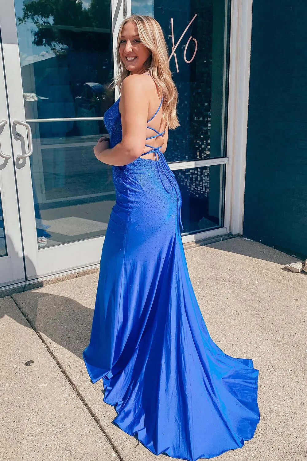Plus Size Prom Dresses Sparkly Royal Blue Sequins Long Formal Dress Spaghetti Straps