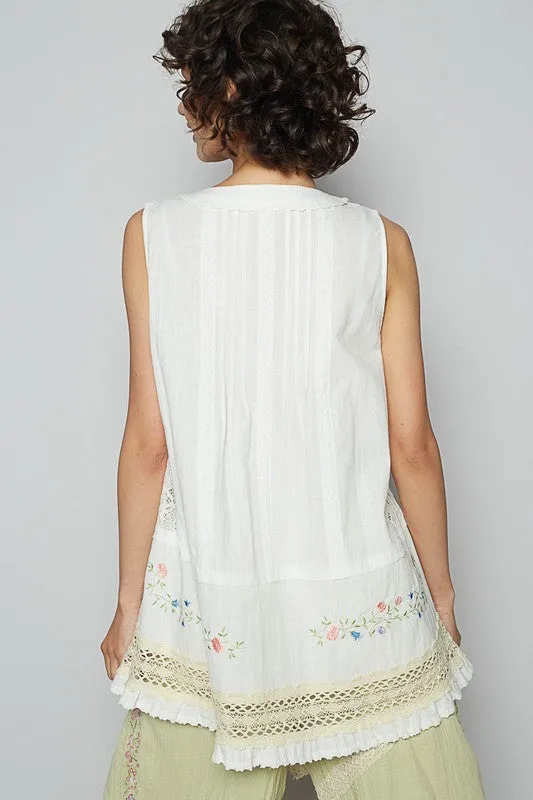 POL Embroidered Lace Detail V-Neck Sleeveless Top