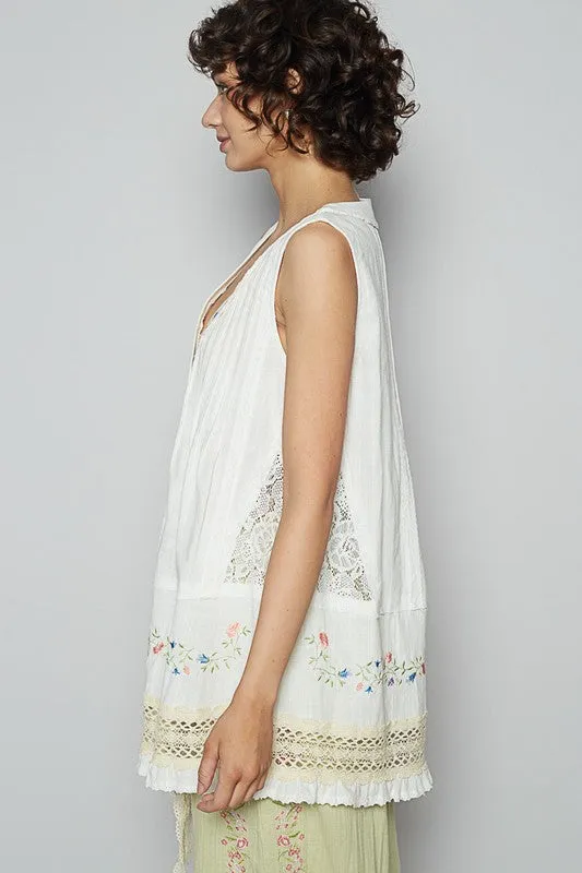POL Embroidered Lace Detail V-Neck Sleeveless Top