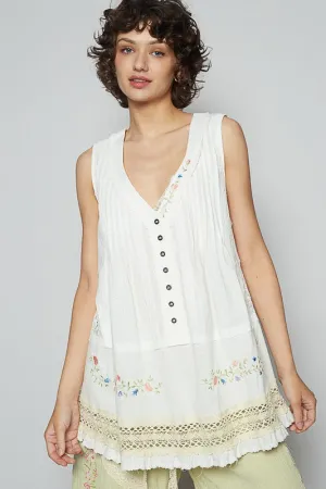 POL Embroidered Lace Detail V-Neck Sleeveless Top
