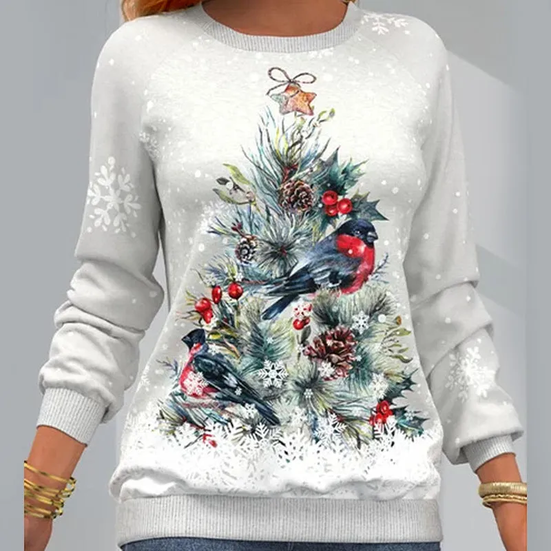 Pullover mit Weihnachtsbaummuster und Schneeflockenprint und langen Ärmeln