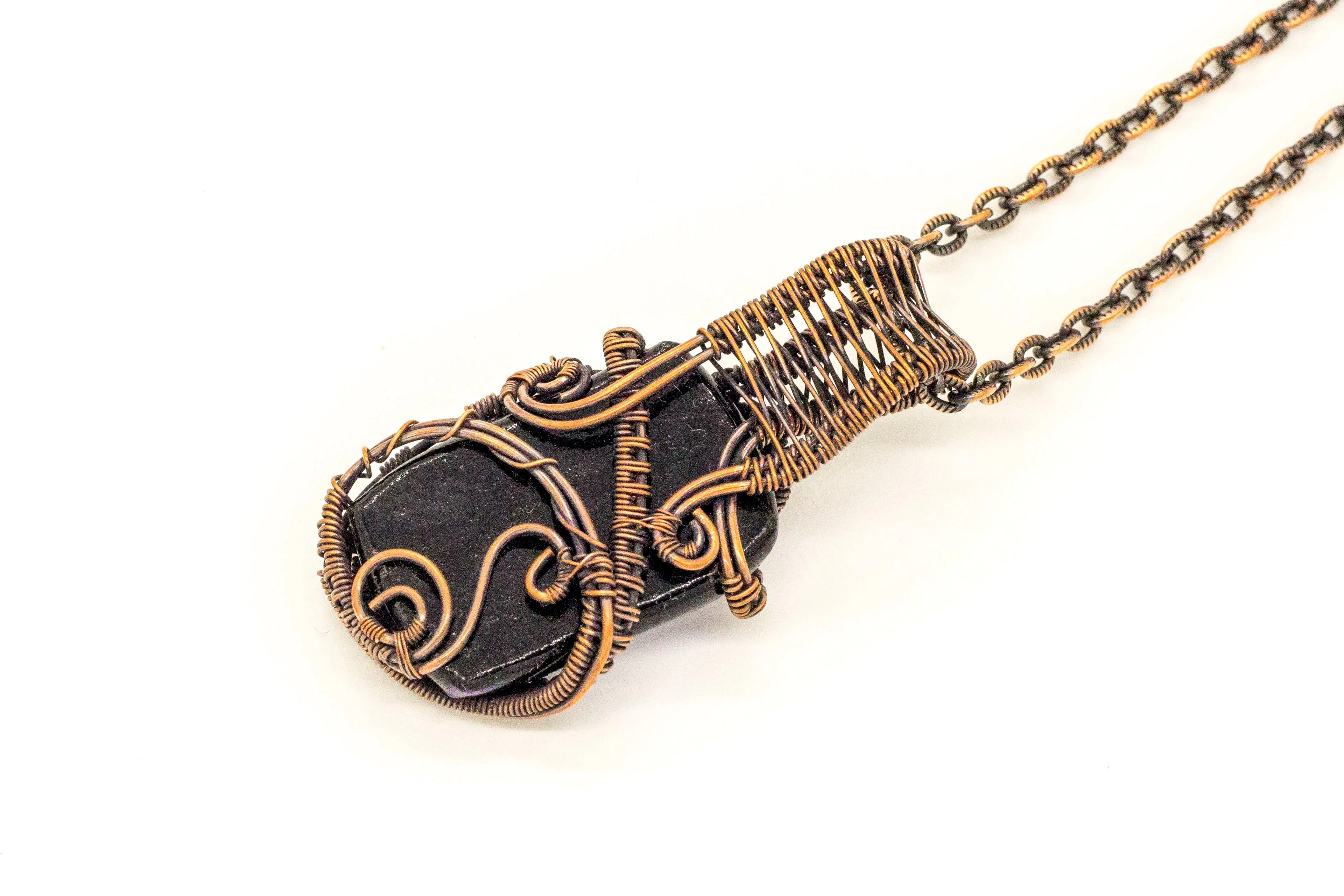 Purple Dichroic Fused Glass Pendant with Copper Wire Wrapping