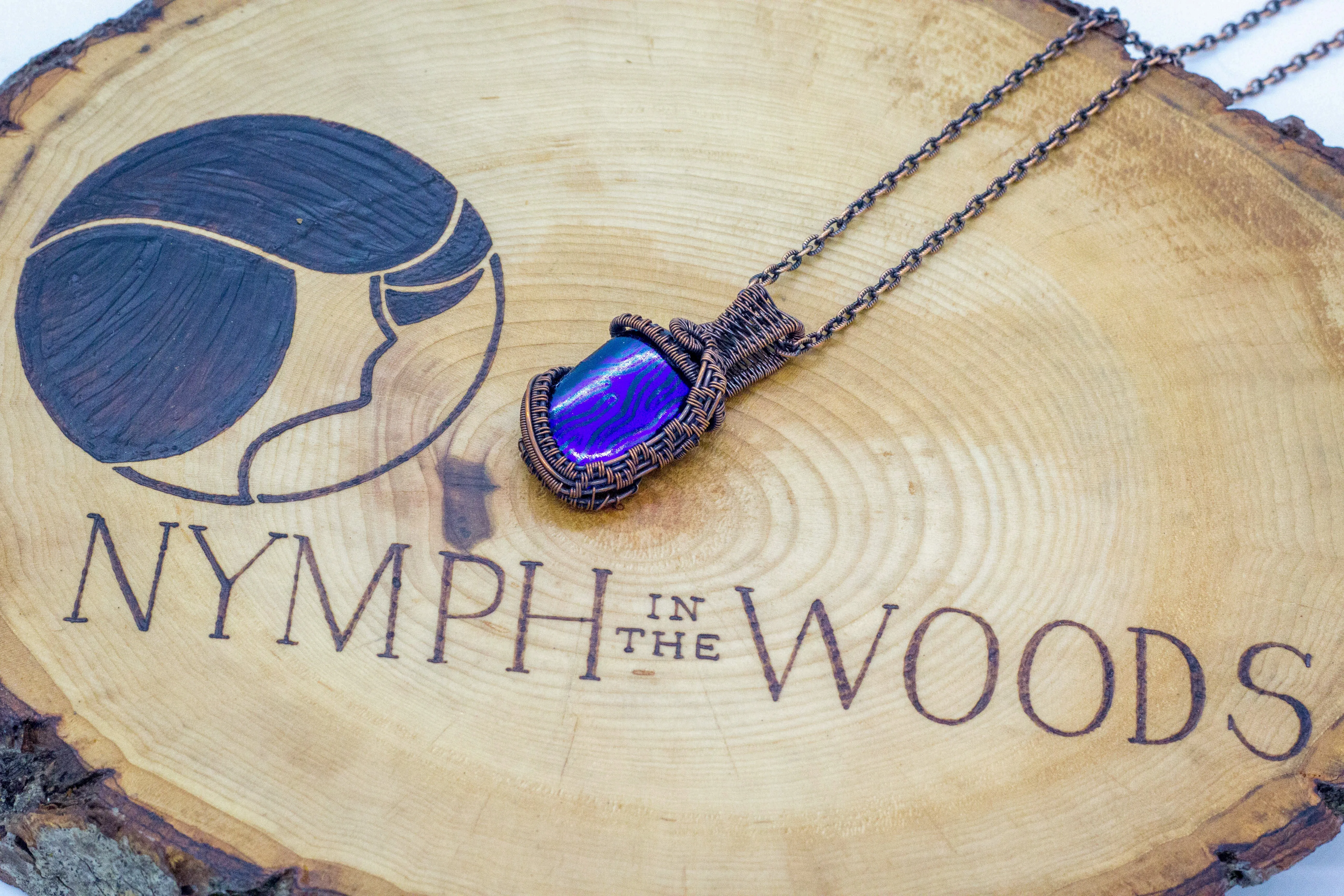 Purple Dichroic Fused Glass Pendant with Copper Wire Wrapping