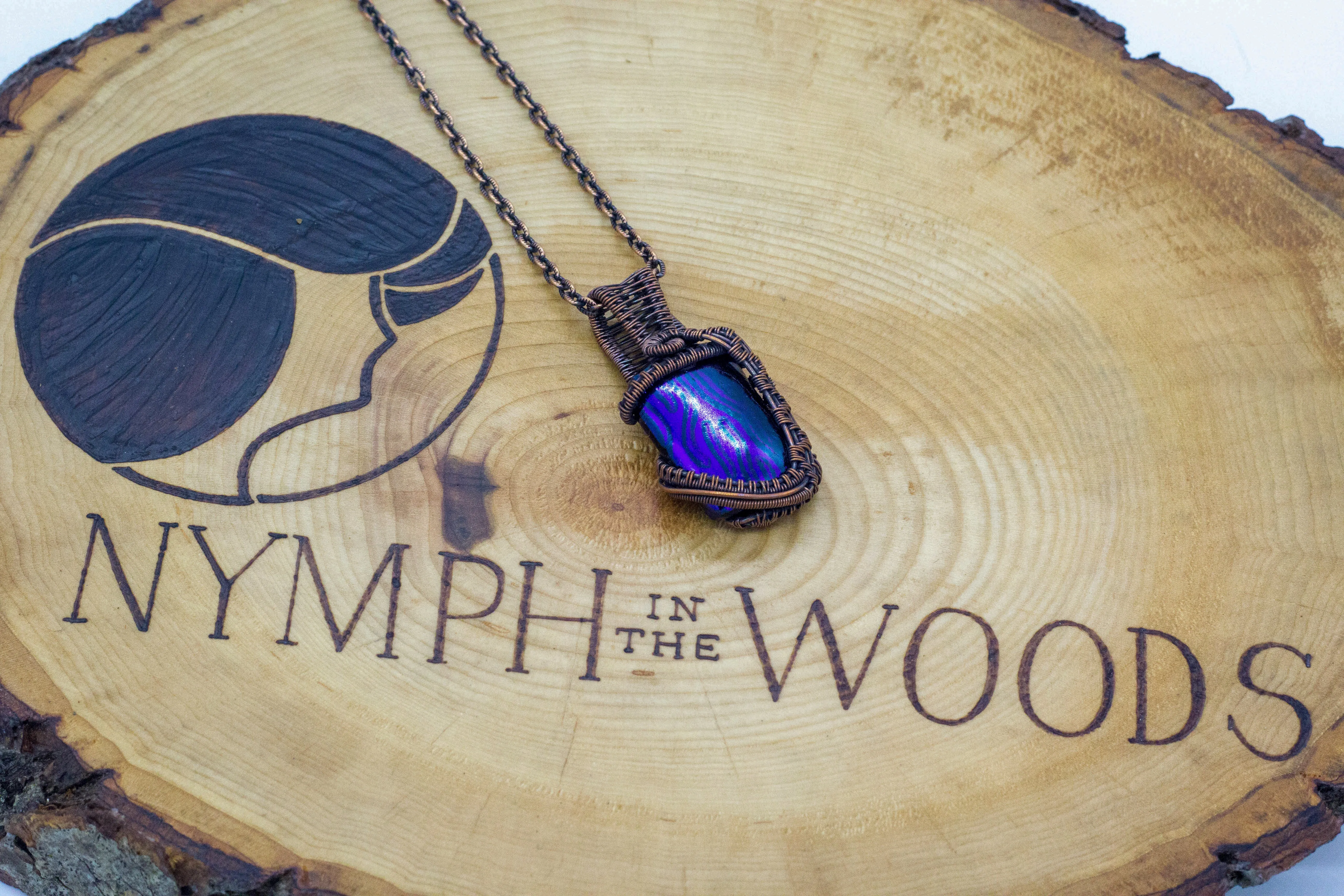 Purple Dichroic Fused Glass Pendant with Copper Wire Wrapping