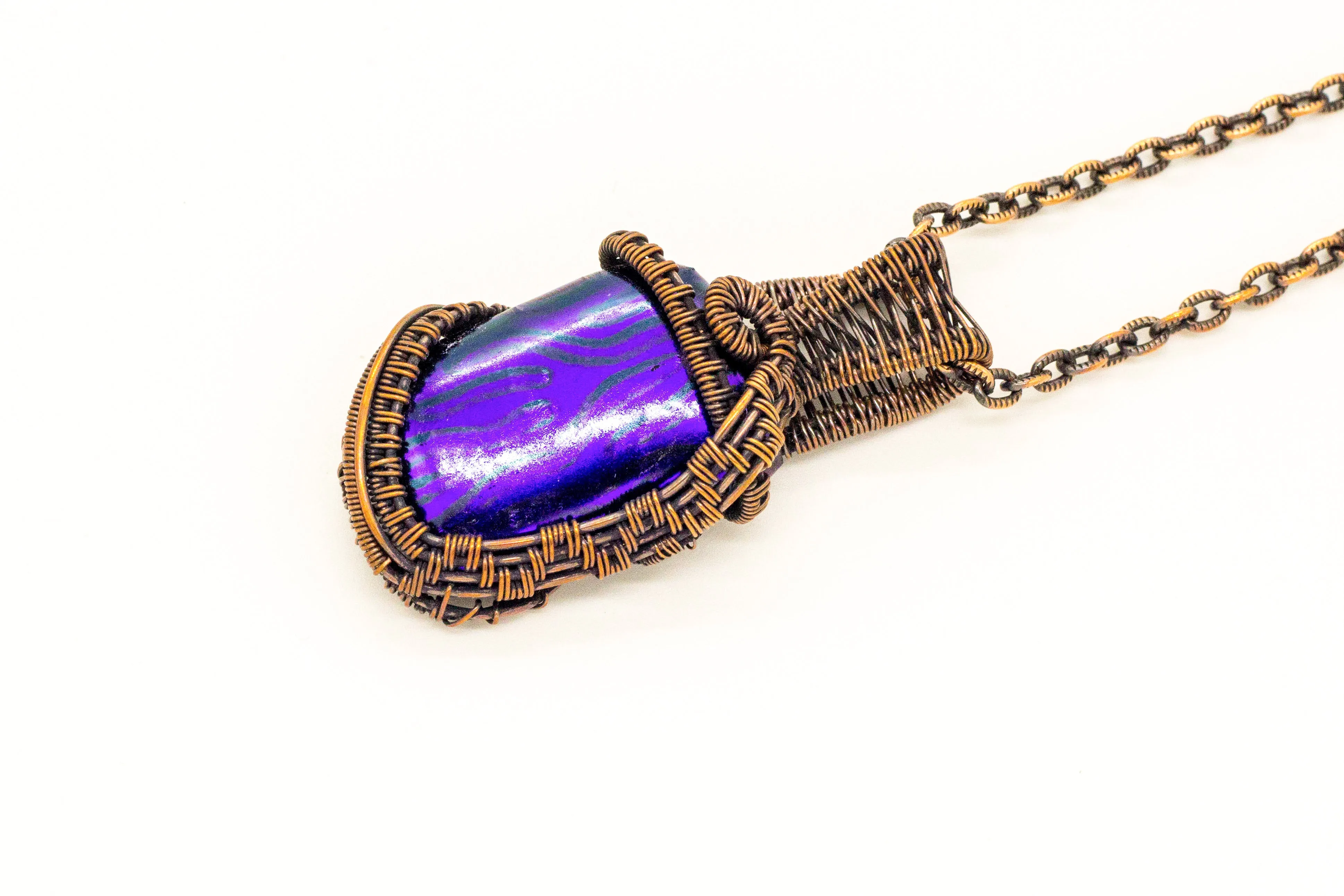 Purple Dichroic Fused Glass Pendant with Copper Wire Wrapping