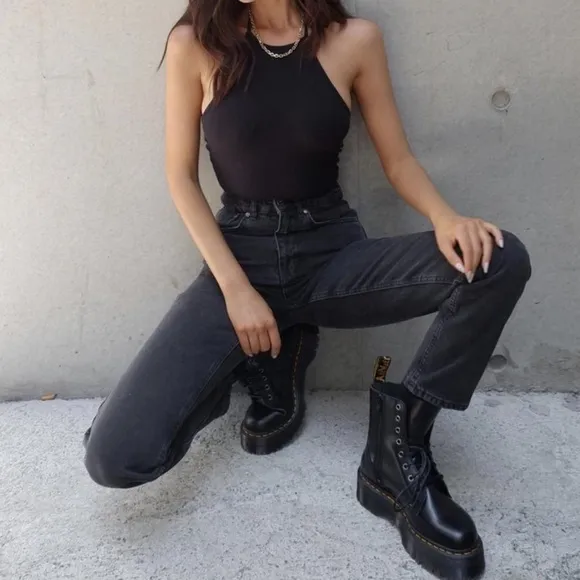 Ragged Priest X Free People Back Slash Mom Jeans: Charcoal Black Rigid Denim