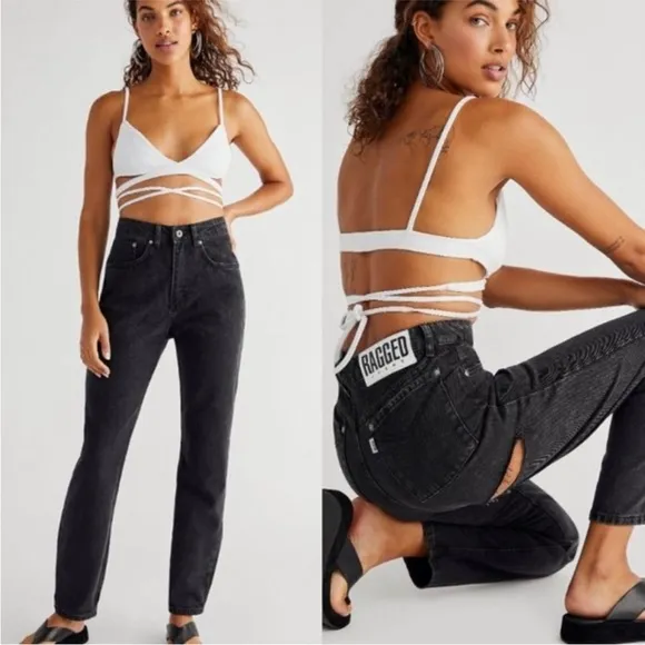 Ragged Priest X Free People Back Slash Mom Jeans: Charcoal Black Rigid Denim