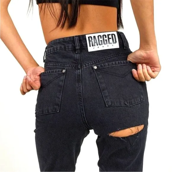 Ragged Priest X Free People Back Slash Mom Jeans: Charcoal Black Rigid Denim