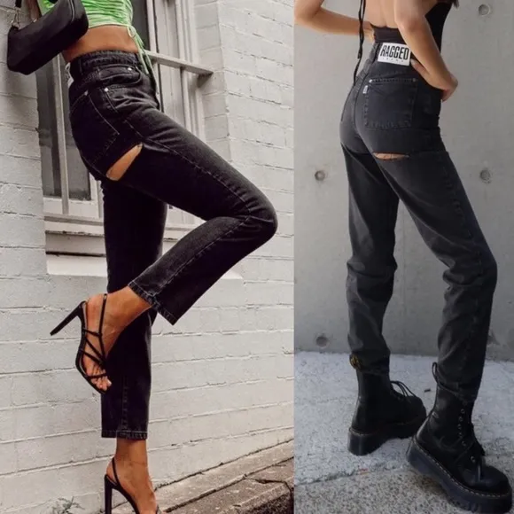 Ragged Priest X Free People Back Slash Mom Jeans: Charcoal Black Rigid Denim