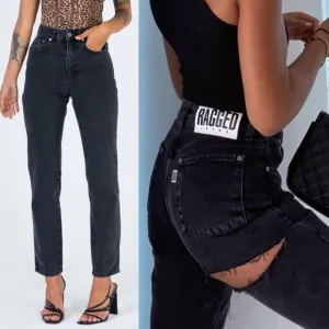 Ragged Priest X Free People Back Slash Mom Jeans: Charcoal Black Rigid Denim