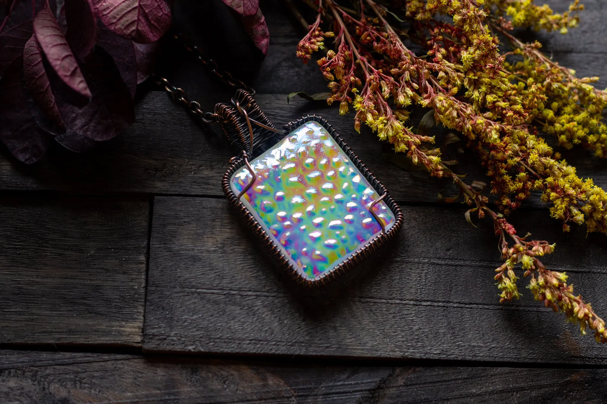 Rainbow Dichroic Fused Glass Pendant with Copper Wire Wrapping