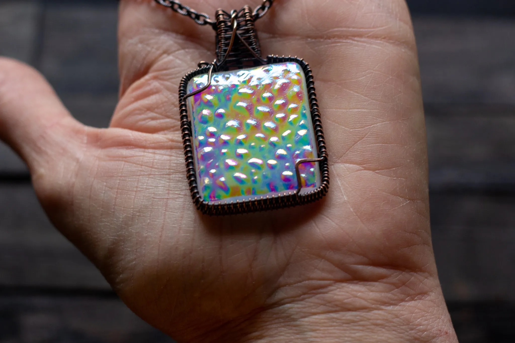Rainbow Dichroic Fused Glass Pendant with Copper Wire Wrapping