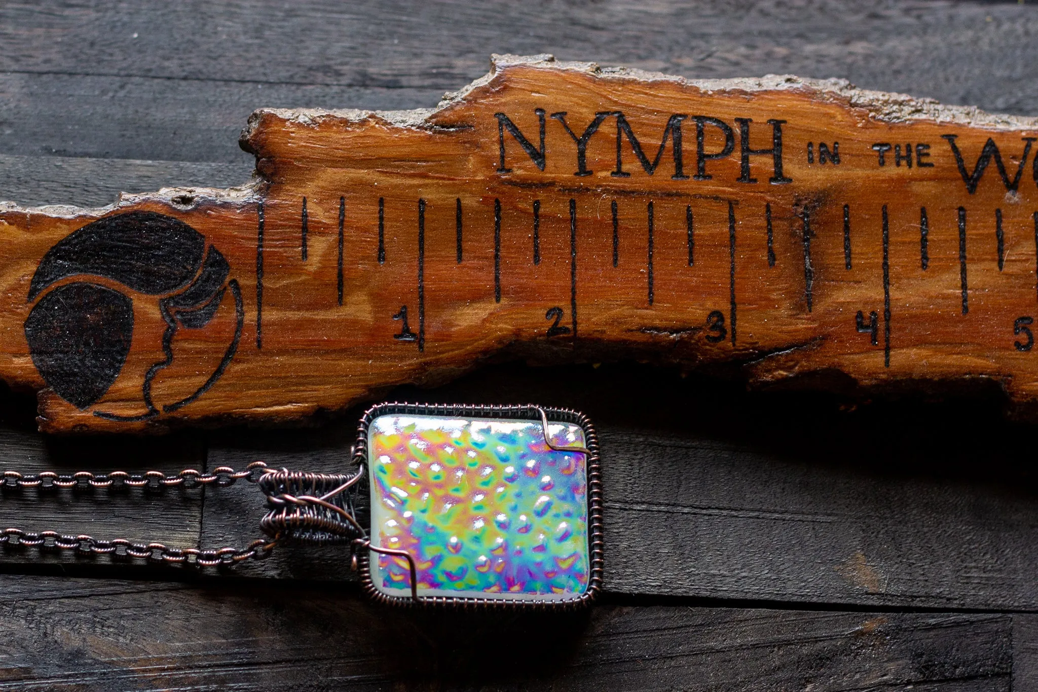 Rainbow Dichroic Fused Glass Pendant with Copper Wire Wrapping
