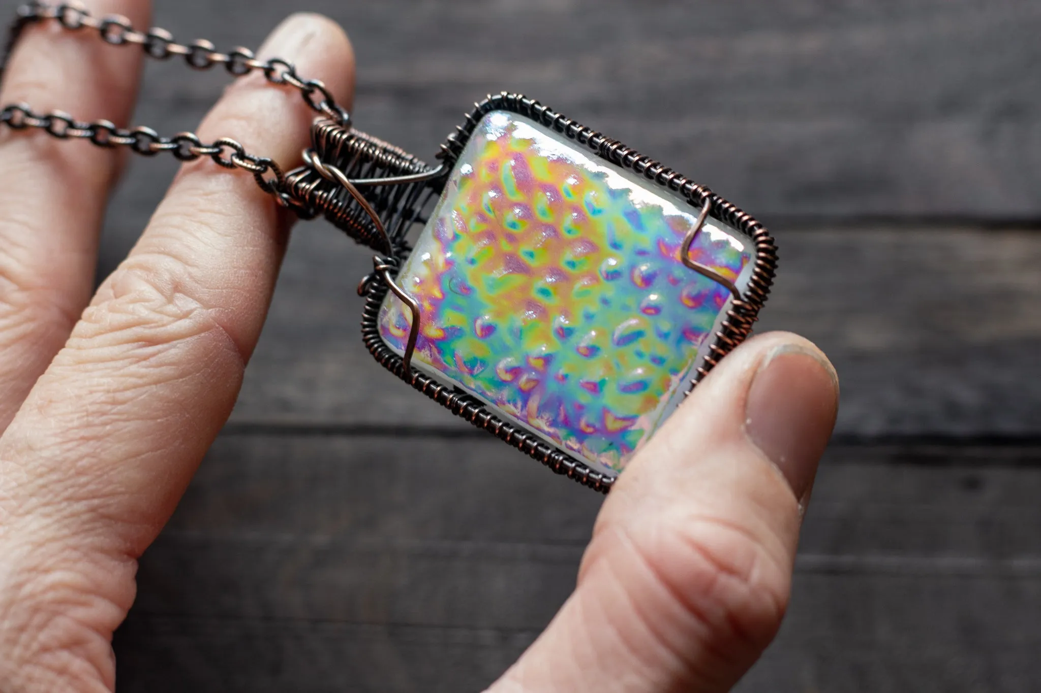 Rainbow Dichroic Fused Glass Pendant with Copper Wire Wrapping