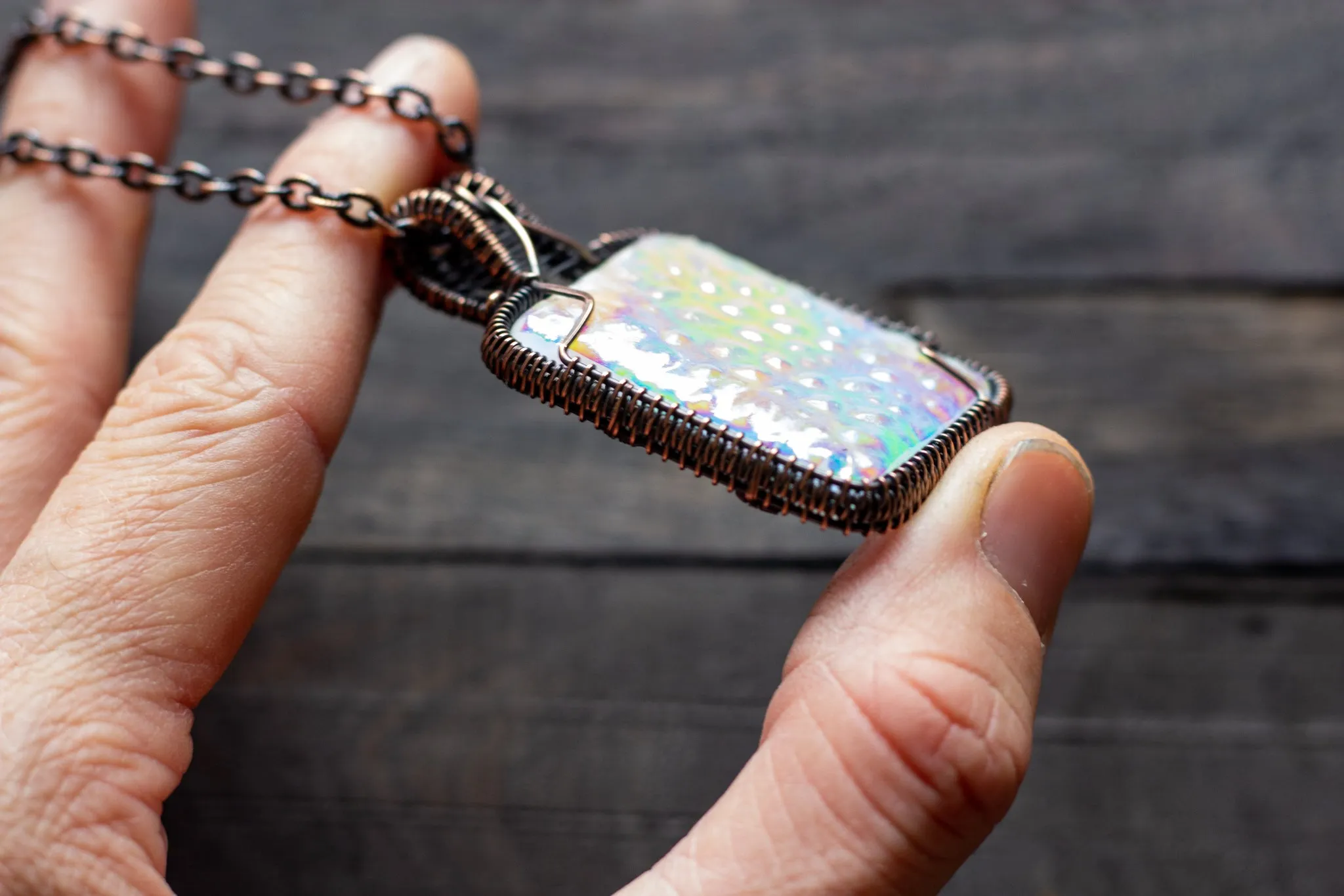 Rainbow Dichroic Fused Glass Pendant with Copper Wire Wrapping